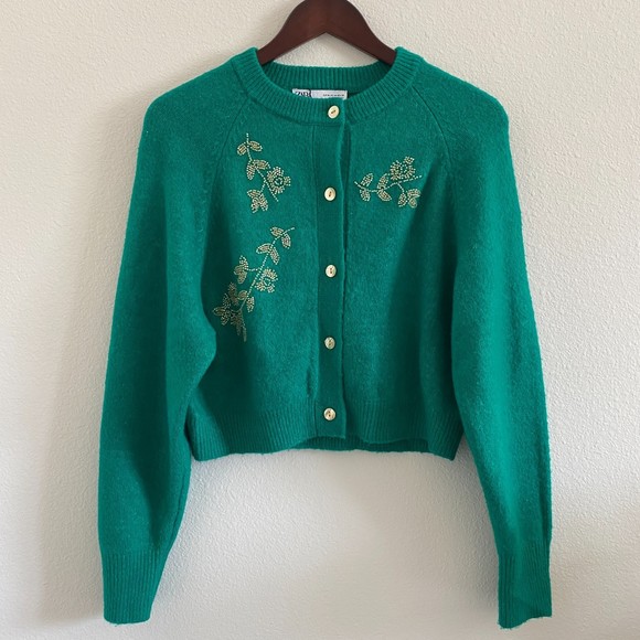 Zara Sweaters Zara Beaded Knit Green Cardigan Blogger Favorite